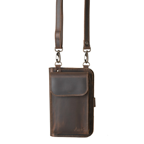 This is the front of the Crossbody iPhone Leather Wallet shown in dark coffee brown
