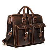 This is the dark coffee brown flight bag leather briefcase at an angle to show the sizing better. Made by Saddleback