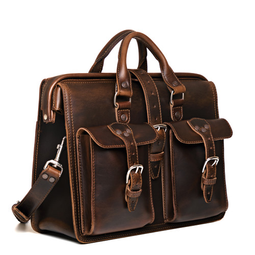 This is the dark coffee brown flight bag leather briefcase at an angle to show the sizing better. Made by Saddleback