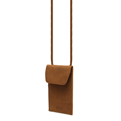 Front of the tobacco leather walker's pouch with an adjustable strap. Made by Saddleback