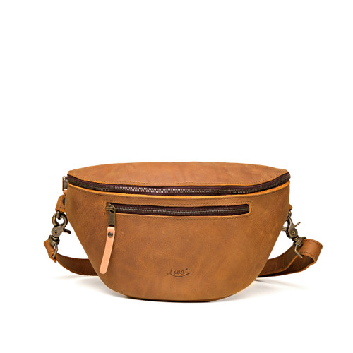 The front view of the leather fanny bag in tobacco