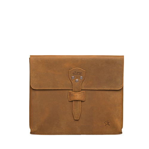 Here is the 14" laptop sleeve holder in tobacco. This is a photo from the front that has a flap to close the sleeve. Made by Saddleback