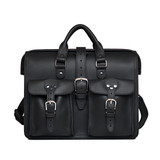This is the black flight bag leather briefcase with two handles, a shoulder strap, and two front pockets. Made by Saddleback