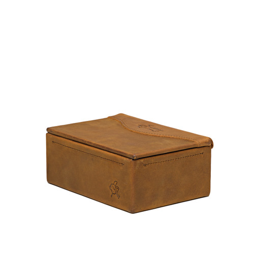This is the side view of the tobacco small organizer box that holds goods. Made by Saddleback