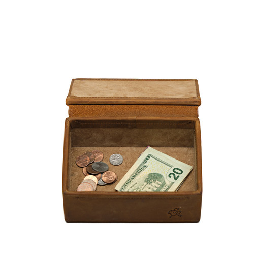 This is the opened tobacco small organizer box that is holding money. Made by Saddleback
