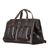 Angled view of Saddleback Leather's Deep Pocket Leather Duffle Bag in Dark Brown / Dark Coffee Brown