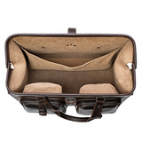 Opened and empty top view of Saddleback Leather's Deep Pocket Leather Duffle Bag in Dark Brown / Dark Coffee Brown