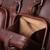 Close-up front deep pocket view of Saddleback Leather's Deep Pocket Leather Duffle Bag in Red Brown / Chestnut