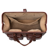 Opened and empty top view of Saddleback Leather's Deep Pocket Leather Duffle Bag in Red Brown / Chestnut
