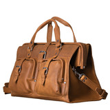 Angled view of Saddleback Leather's Deep Pocket Leather Duffle Bag in Tan Brown / Tobacco