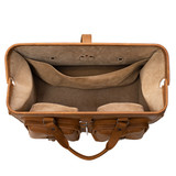 Opened and empty top view of Saddleback Leather's Deep Pocket Leather Duffle Bag in Tan Brown / Tobacco