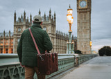 Leather luggage being carried in London.