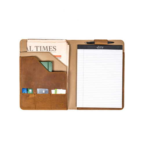 Opened leather portfolio with the Los Angeles Dodgers World Series logo on the front. Made by Saddleback