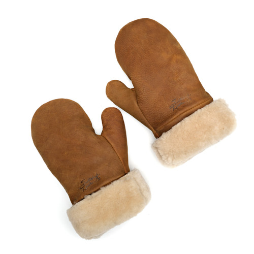 Here is the tobacco sheepskin mittens side by side. Made by Saddleback