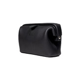 Angled view of leather organizer bag with framed closure