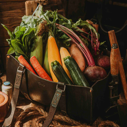Leather Utility Tote with vegetables from Farmer's Market