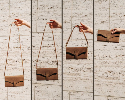 On The Go Leather Wallet showing four different lengths/ways to carry.