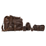 Membership bundle in dark coffee brown. Includes the overnight bag, toiletry dry bag, treasure sack, lanyard, and keychain. Made by Saddleback