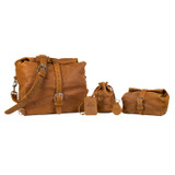 Membership bundle in tobacco. Includes the overnight bag, toiletry dry bag, treasure sack, lanyard, and keychain. Made by Saddleback