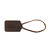 Sideways dark coffee brown colored leather lanwyard with the Saddleback logo