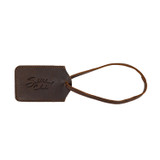 Sideways dark coffee brown colored leather lanwyard with the Saddleback logo