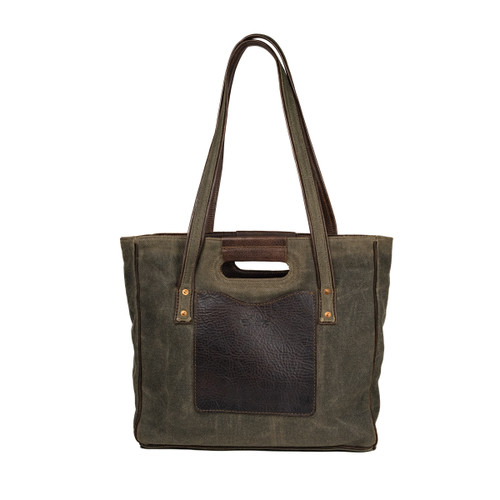 Front of the weatherproof canvas tote with shoulder straps and a front pocket for your phone. Made by Saddleback
