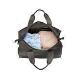 This is the inside of the simple overnight leather duffle bag in carbon black filled