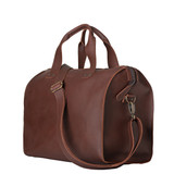 This is the side of the simple overnight leather duffle bag in chestnut