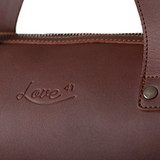 This is an up close look at the logo in chestnut