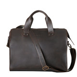 This is the front of the simple overnight leather duffle bag in dark coffee