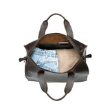 This is the inside of the simple overnight leather duffle bag in dark coffee brown filled