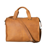 This is the front of the simple overnight leather duffle bag in tobacco
