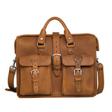 Front of the tan flight bag leather briefcase with two pockets and easy carry strap. Made by Saddleback
