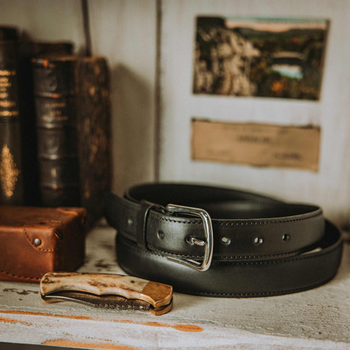 Saddleback Leather Dress Belt in black vegetable tanned leather.