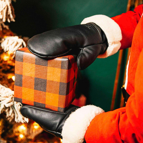 Black leather sheepskin mittens.