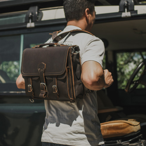 Saddleback Leather briefcase in backpack mode.