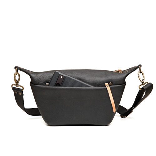London Sling in view with cell phone in black