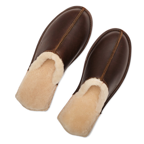 This shows the dark coffee brown slippers side by side. Made by Saddleback