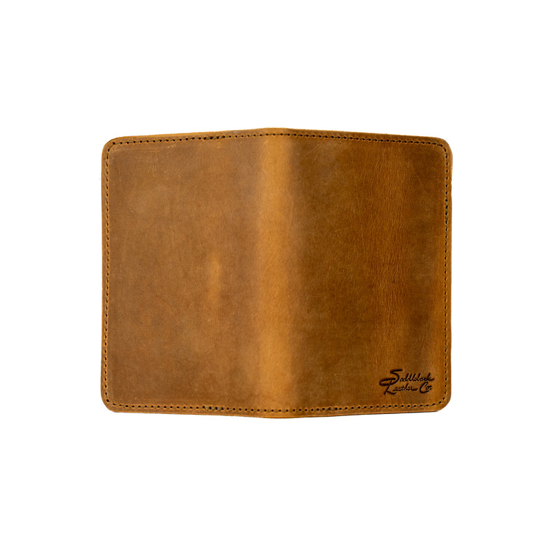 This is the outside of the slim leather passport wallet. Made by Saddleback