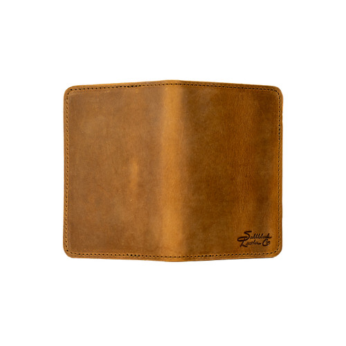 This is the outside of the slim leather passport wallet. Made by Saddleback