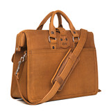 Back of the leather flight bag briefcase in tan with the shoulders trap visible and two handles. Made by Saddleback