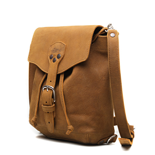 Here is the tobacco colored 10" tumbled drawstring backpack. Made by Saddleback