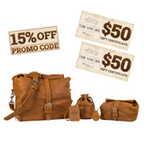 Membership bundle in dark coffee brown. Includes the overnight bag, toiletry dry bag, treasure sack, lanyard, and keychain, plus a 15% off discount code and two $50 gift cards.