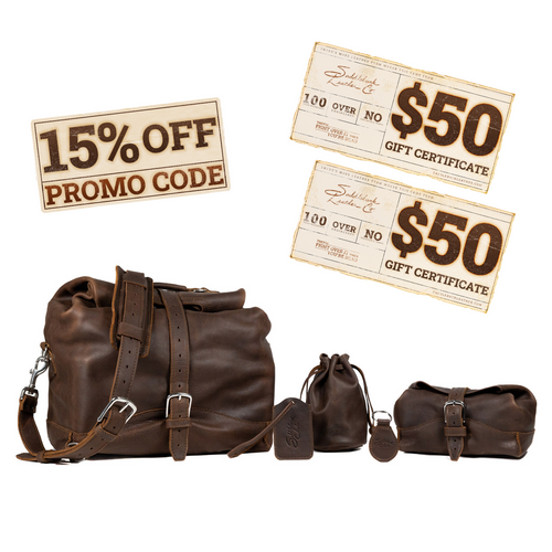 Membership bundle in dark coffee brown. Includes the overnight bag, toiletry dry bag, treasure sack, lanyard, and keychain, plus a 15% off discount code and two $50 gift cards.